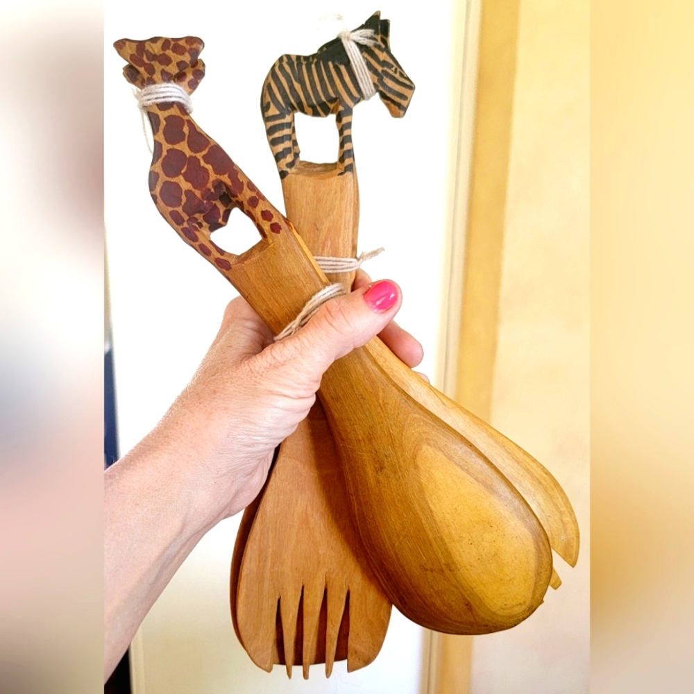 Hand carved Wooden Salad server. Zebra or Giraffe. NEW